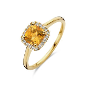 Gouden ring met citrien, topaas of amethist en diamantjes
